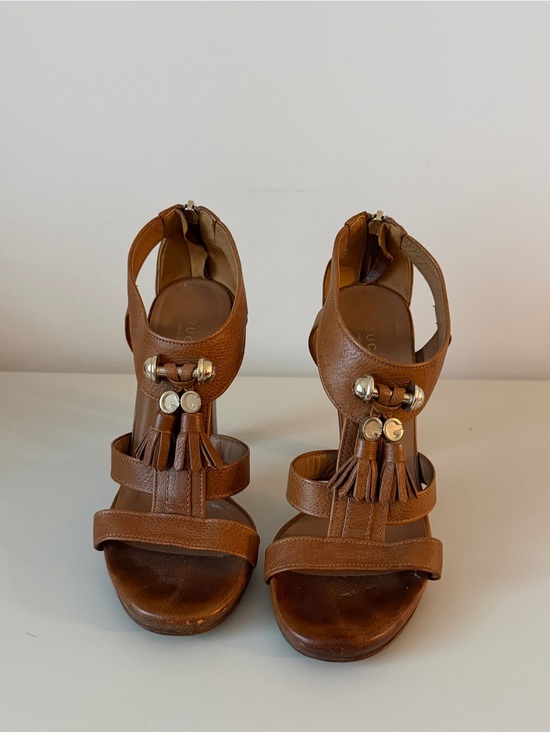 Gucci Shoes - Gucci Brown Pebbled Leather Marrakech Open-Toe Block Heel Sandals Size 36